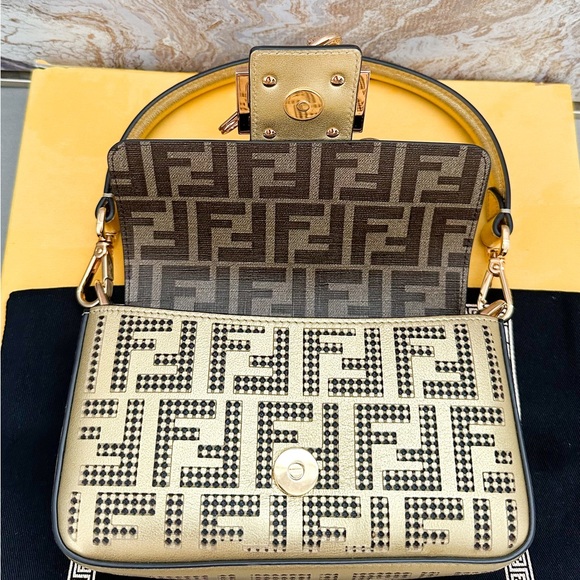 FENDI x VERSACE Fendace Logo Metallic Brooch Baguette NM Zucca Leather Mini Bag - Picture 9 of 15
